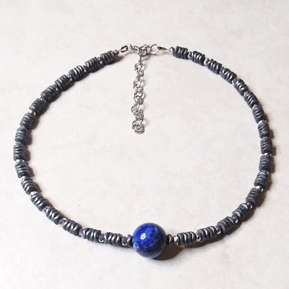 Lapis Lazuli & Hematite! Wear as a Choker or Wrap Bracelet! 15.5" + 3" Extender - Picture 6 of 13